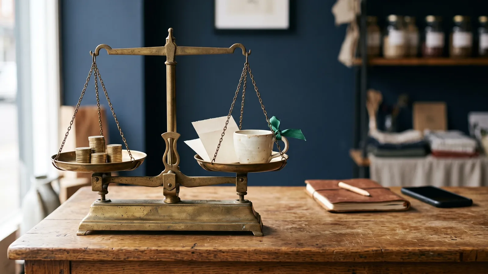 An old brass balance scale on a wooden shop counter: small stacks of brass coins in one pan, a folded cream receipt and a ceramic cup with a green ribbon in the other, the beam almost level; a closed notebook with a pencil and a phone lying face down nearby