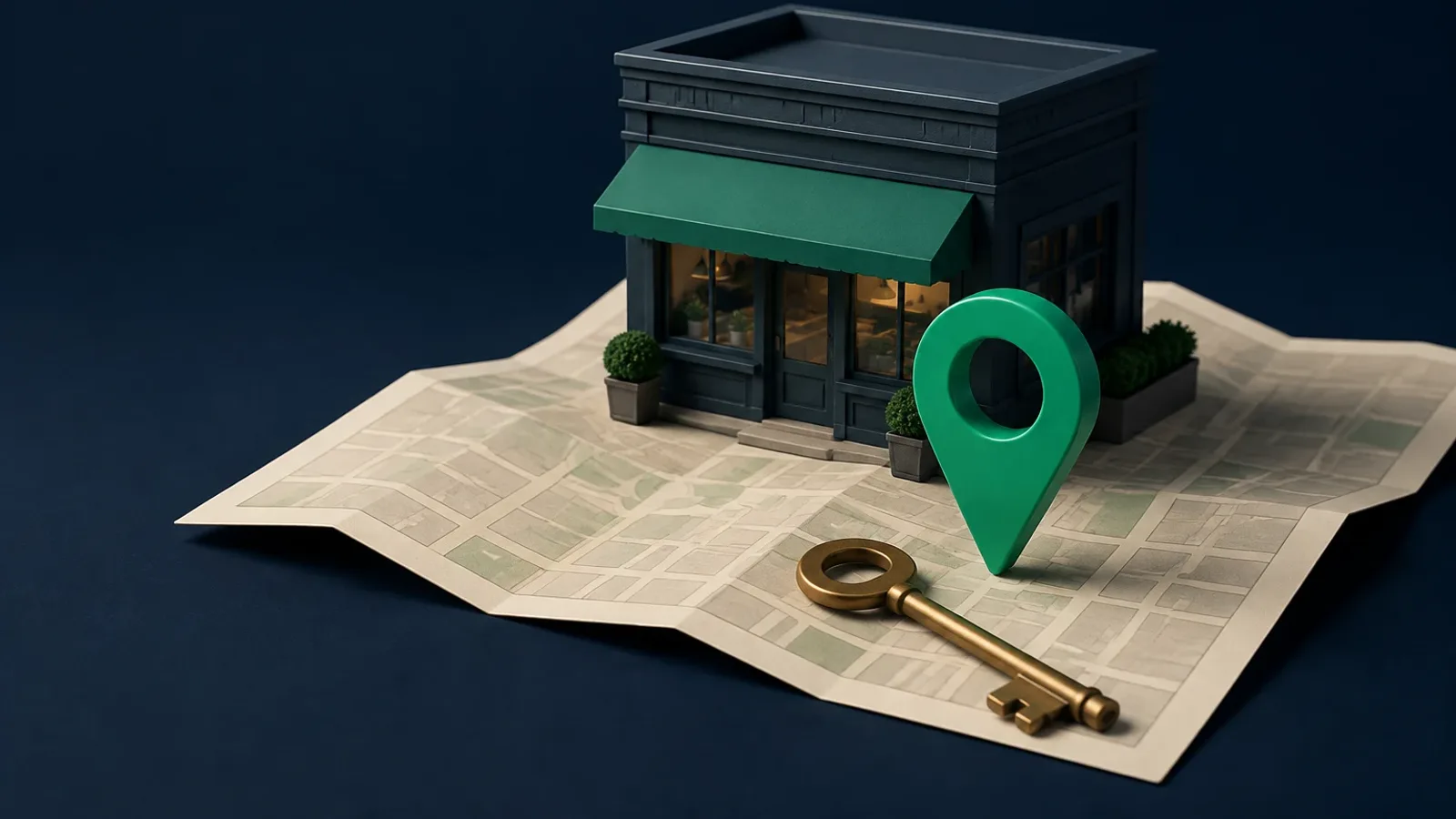 Miniature storefront standing on a folded ivory street map, a green location pin beside it and a brass key in the foreground
