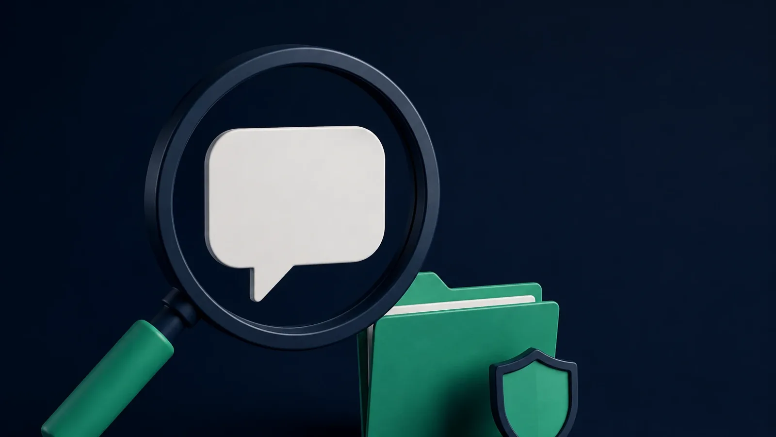 Conceptual 3D scene on a dark navy background: a large magnifying glass with a green handle held over a blank off-white speech-bubble card, a green folder with papers and a small green shield with a navy rim beside it