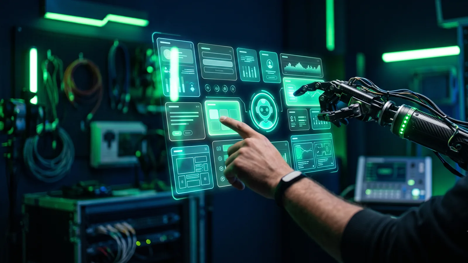 Ludzka dłoń i robotyczne ramię wspólnie obsługują unoszący się holograficzny pulpit treści z kart i wykresów — agent AI zarządza witryną