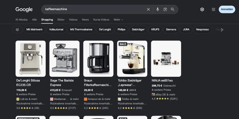 Wyniki Google Shopping dla zapytania kaffeemaschine w ustawieniach niemieckich, otwarte bezpośrednim adresem: Shopping to aktywna karta między Alle a Bilder, dalej filtry i pierwszy rząd ofert ekspresów do kawy z cenami ze sklepów takich jak Lidl.de, MediaMarkt, Amazon.de, Tchibo i eBay