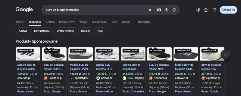 Wyniki Google dla zapytania buty do biegania męskie w ustawieniach polskich: na pasku kart nie ma karty Zakupy, a rząd Produkty sponsorowane z butami do biegania podaje pod każdą kartą porównywarkę: Klarna, Google, Sembot, Kelkoo i Channable