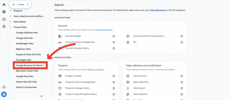 Экран Admin в GA4 с открытым меню Product links и выделенным пунктом Google Business Profile links