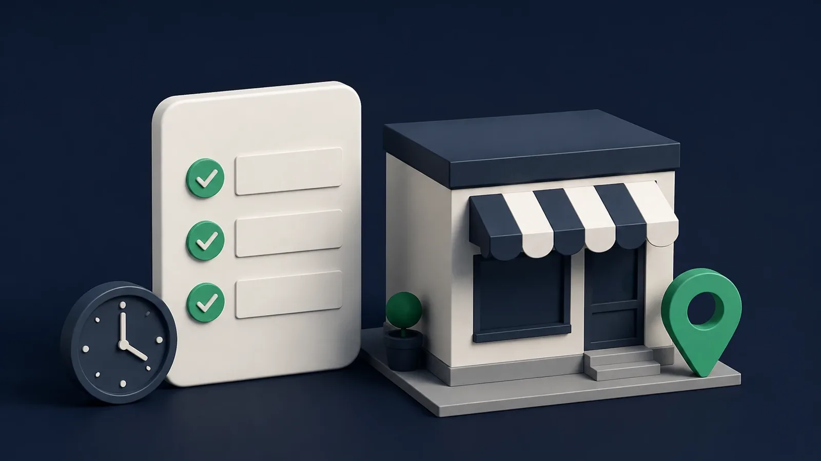 Isometric 3D scene on a dark navy background: an off-white checklist card with three green check marks, a dark clock beside it, a small storefront with a navy striped awning and a green location pin