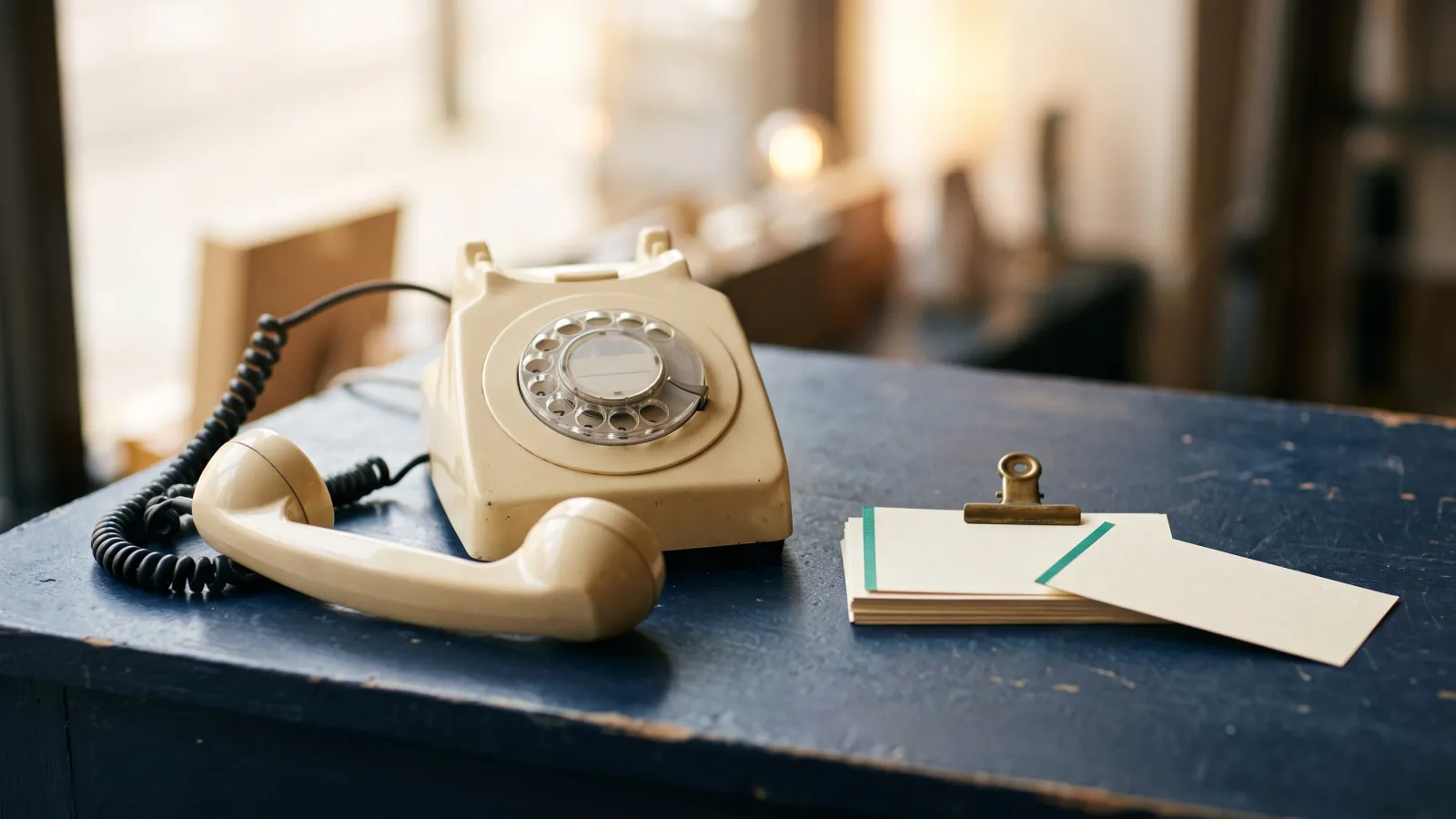 A cream rotary desk telephone on a worn navy counter with its handset lifted off and lying beside it, next to a stack of cream index cards under a brass clip, one card pulled out of the stack