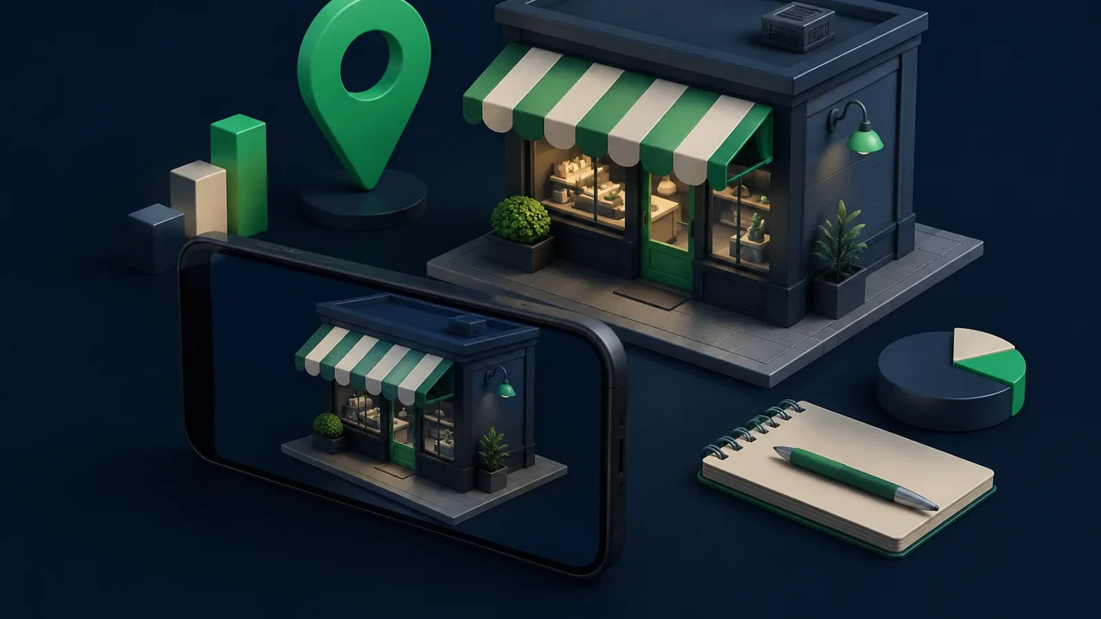 Isometric miniature storefront with a green striped awning on a dark navy plane, a smartphone in the foreground showing the same storefront on its screen, a green location pin and a notebook beside it