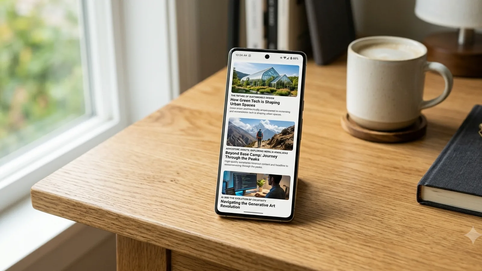 Smartfon na drewnianym stole pokazujący pionowy feed kart artykułów z dużymi poziomymi zdjęciami