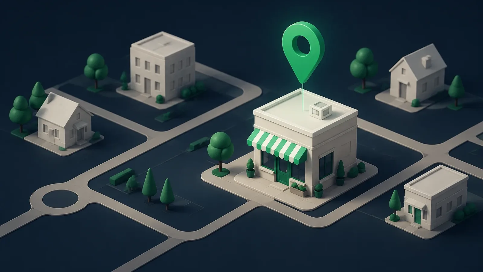 Isometric miniature neighborhood on a dark navy ground: a small storefront with a green striped awning in the center, a glowing green location pin floating above it, pale street paths, trees and smaller off-white buildings around