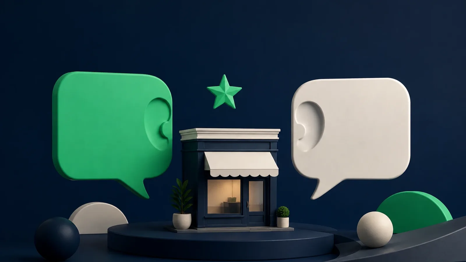Conceptual 3D scene on a dark navy background: a small navy storefront with a cream awning on a round podium, a green speech bubble on the left and an off-white one on the right facing it, a single green star above the roof, and a few spheres and arcs around