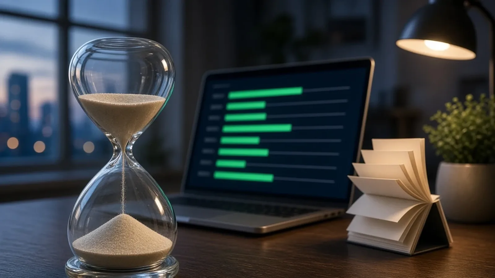 An hourglass with sand running on a dark wooden desk at dusk, beside a laptop showing horizontal green bars of different lengths, a fanned stack of paper sheets and a desk lamp