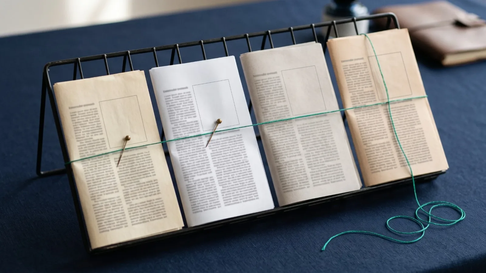 Cztery złożone gazety na papierze w różnych odcieniach stoją w drucianym stojaku na granatowym stole, łączy je zielona nić przypięta do dwóch pierwszych i luźna za czwartą