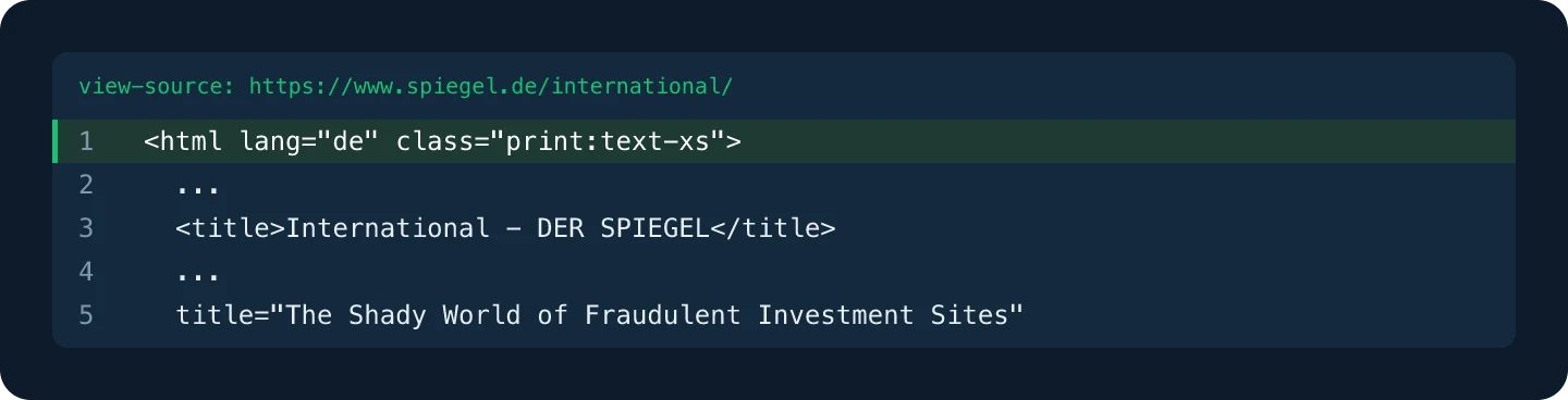 Fragment kodu HTML strony głównej Spiegel International: element html deklaruje lang de, a title i nagłówek na stronie są po angielsku